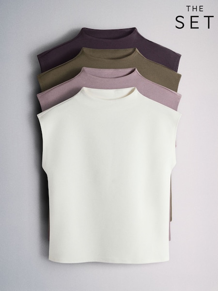 Khaki/Brown/Lilac/Cream - The Set 4 Pack Mock Neck Cap Sleeve Formal Tops