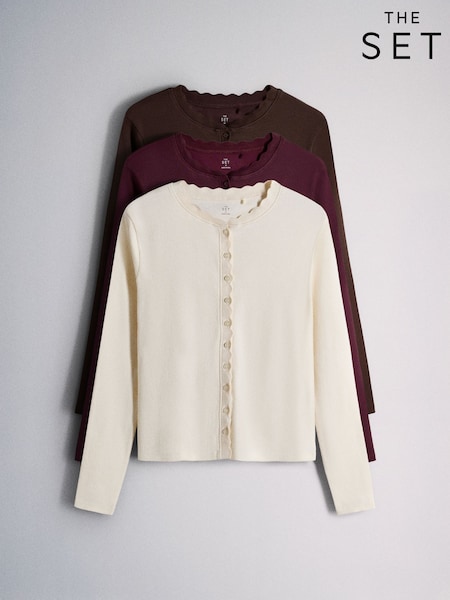 Burgundy/Berry/Cream - The Set 3 Pack Scallop Button Through Long Sleeve Tops