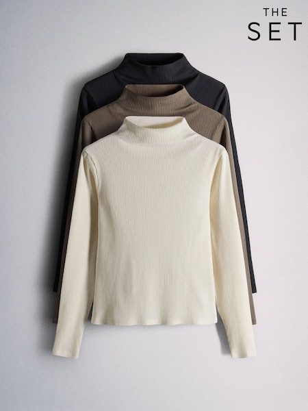 Črna/bež - The Set 3 Pack Long Sleeve High Neck Ribbed T-shirts