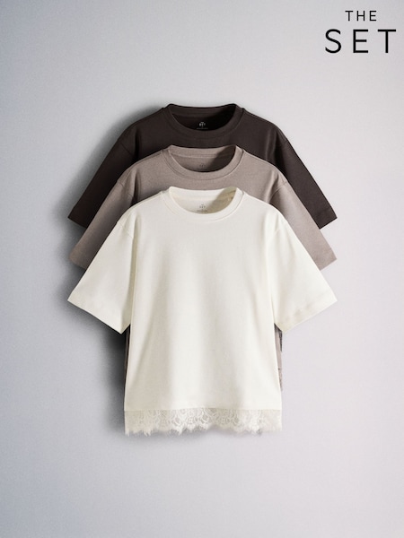 Ruskea/Kermanvaalea/Taupe - The Set 3 Pack Lace Trim Heavyweight T-shirts
