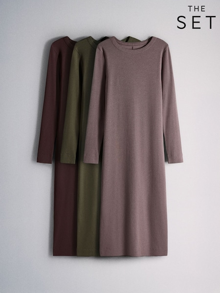 Brown/Khaki/Plum - The Set 3 Pack Long Sleeve Ribbed Jersey Maxi Dresses
