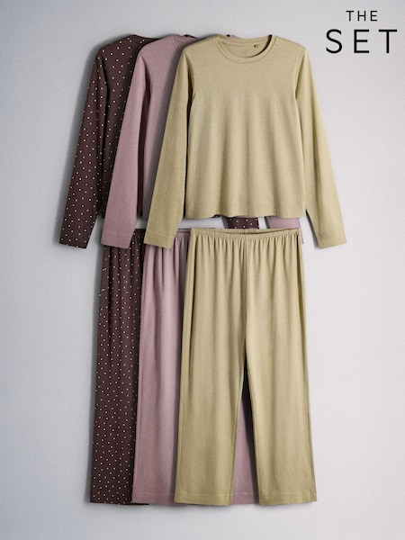 Burgundy Red/Purple/Sage Green - The Set 3 Pack Long Sleeve Cotton Pyjamas