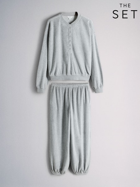 Light Grey - The Set Velour Henley Crew And Cuffed Jogger Co-ord Set