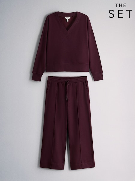 Burgundy Red - The Set V-neck Sweater And Pintuck Wide Leg Joggers Coord