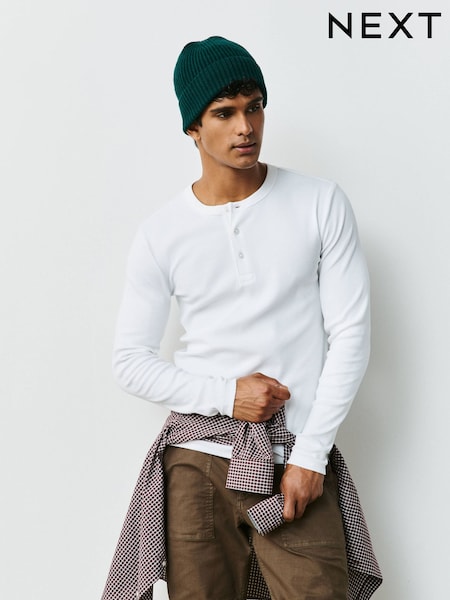 白色 - Regular Slim Long Sleeve Ribbed Henley T-shirt