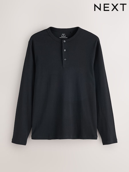 Black - Regular Slim Long Sleeve Ribbed Henley T-shirt
