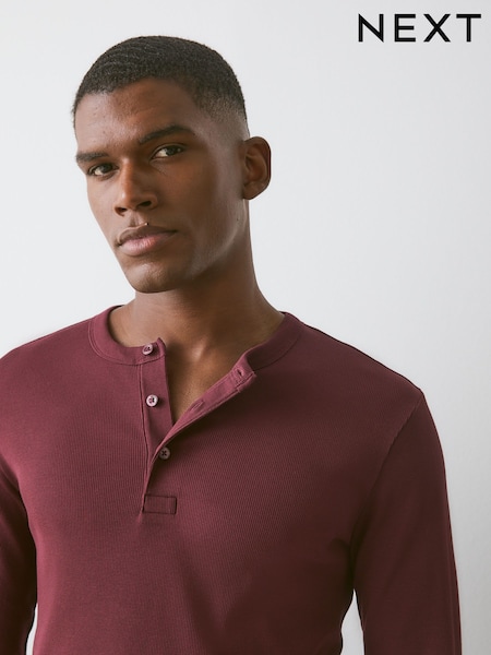 Burgundy Red - Regular Slim Long Sleeve Ribbed Henley T-shirt