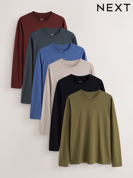 Black/Stone/Green/Red/Blue/Teal - Regular Long Sleeve T-shirts 6 Pack
