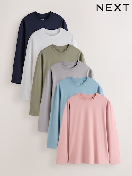 Navy/Mineral Green/White/Dusky Pink/Grey/Blue - Regular Long Sleeve T-shirts 6 Pack
