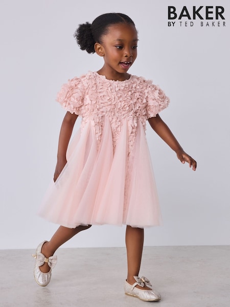 Pink - Baker By Ted Baker 3d Textured Floral Mesh Godet Dress