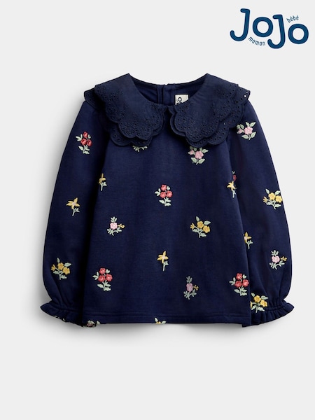Navy Blue Floral Embroidered - Jojo Maman Bébé Broderie Collar Top
