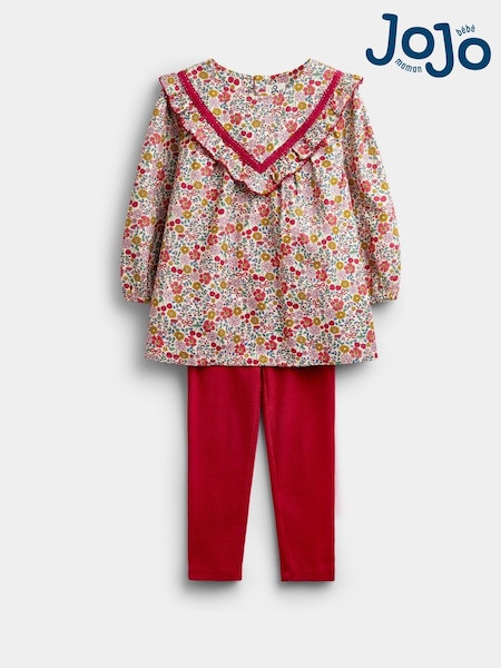 버건디 레드 플로럴 - Jojo Maman Bébé Frill Top & Rib Legging Set