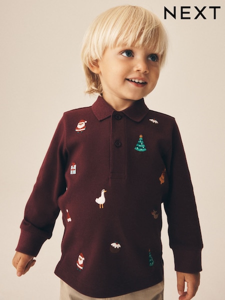 Burgundy Red - Long Sleeve Christmas Embroidered Polo Shirt (3mths-7yrs)