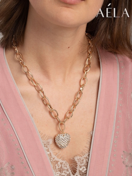 Guld ton - Rhinestone Puff Hjärta Chain Halsband
