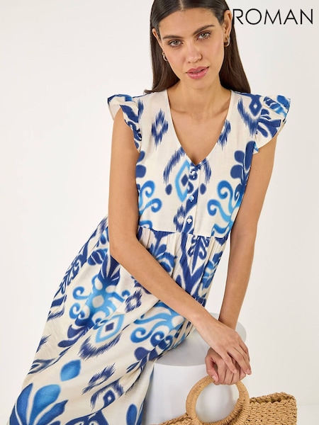 Blue - Roman Abstract Print Frill Detail Midi Dress
