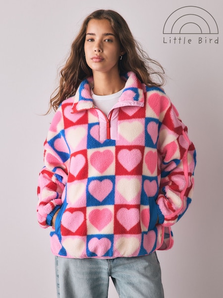 Pink Rainbow Hearts - Little Bird Oversized 1/4 Zip Borg Fleece