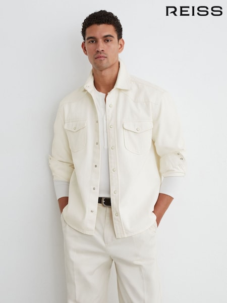 أبيض - Regular Reiss Finley Western Press-stud Denim Overshirt