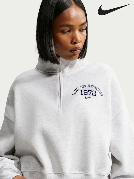 Heather Grey - Nike Crew Neck Sportswear 1/4 Zip Cropped Sweat Top
