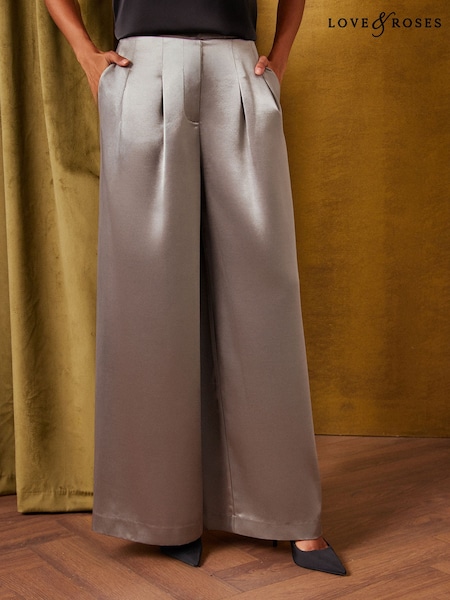 Silver - Love & Roses Tailored Satin Wide Leg Trousers