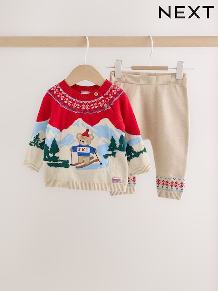 Neutral/Red Bear Ski Scene - Baby Knitted Jumper And Leggings Set (0mths-2yrs)
