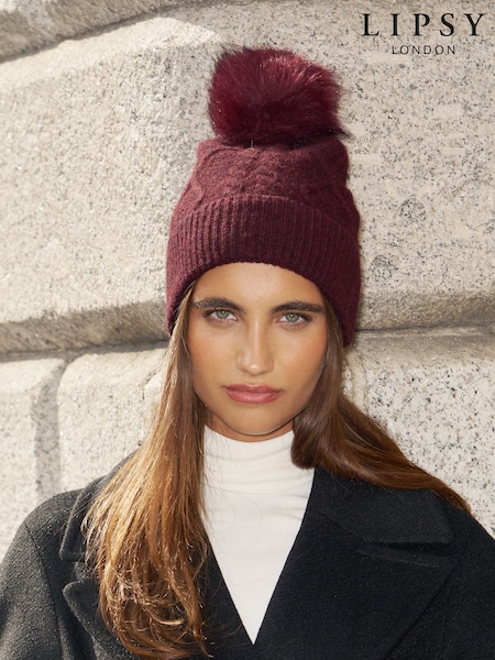 Burgundy Red - Lipsy Knitted Cable Pom Beanie Hat