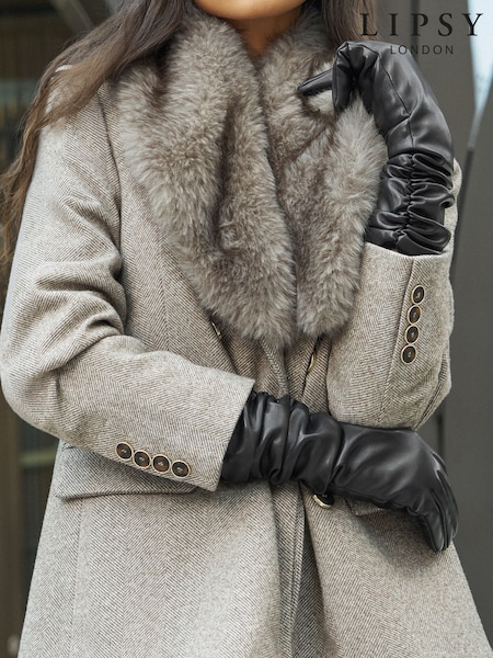 Negro - Guantes largos fruncidos con aspecto de piel de Lipsy
