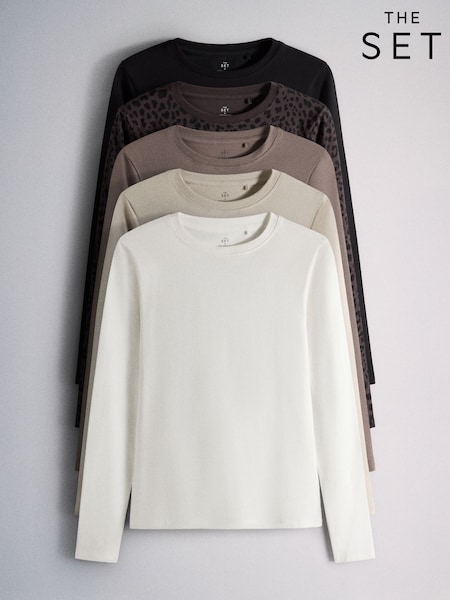 Neutral/Brown/Black/Leopard/Cream - The Set 5 Pack Fitted Crew Neck Long Sleeve T-shirts