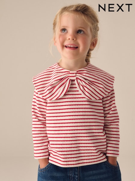 Red Stripe - Long Sleeve Textured Collar Top (3mths-7yrs)