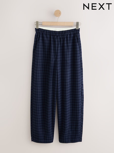 Navy Blue Check - Brushed Barrel Leg Trousers