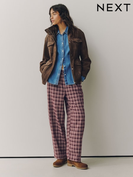 Berry Red Check - Brushed Barrel Leg Trousers