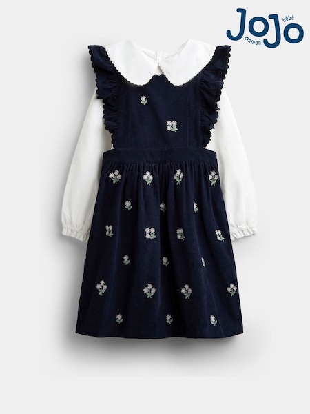 Navy Plavo Cvetni uzorak  - Jojo Maman Bébé Embroidered Cord Pinafore Dress & Blouse Set