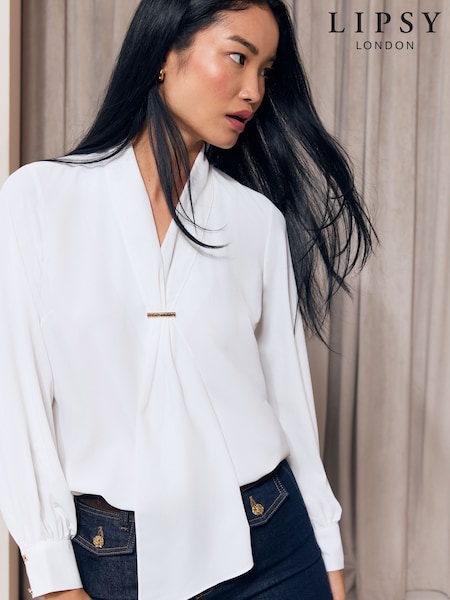 White - Lipsy Tie Drape Front Gold Trim Woven Blouse