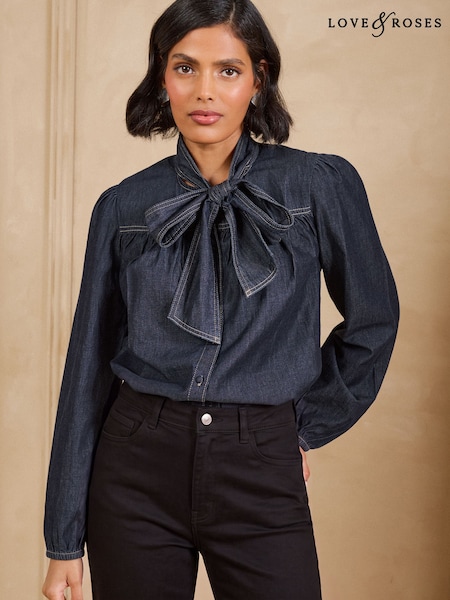 Көк түсті жуғыш затты шайыңыз - Love & Roses Pussybow Denim Blouse