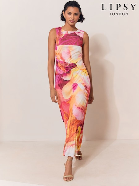 Pink/Orange Print - Lipsy Mesh Tie Knot Front Sleeveless Midaxi Dress
