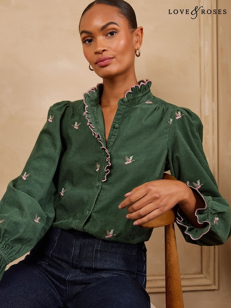Forest Green - Love & Roses Cord Frill Collar Blouse