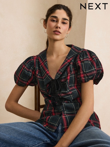 Green/Red Tartan - Velvet Bow Puff Sleeve Blouse