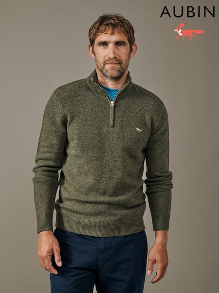 Green - Regular Aubin Green Pepper Lambswool Zip Neck Jumper