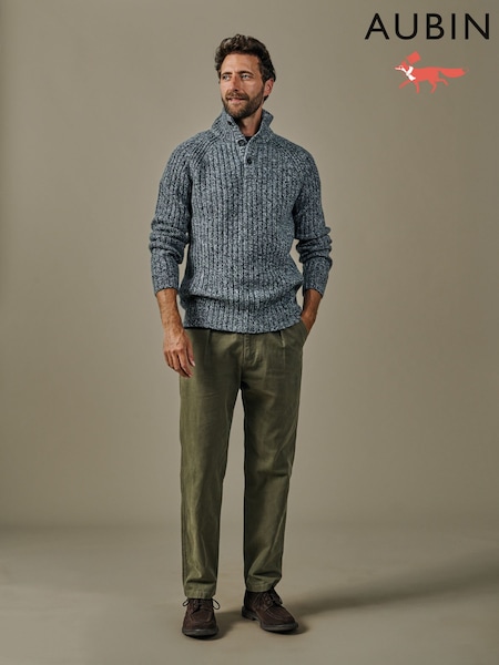 Pelēks - Regular Aubin Grey Farnham Fisherman Rib Button Neck Jumper