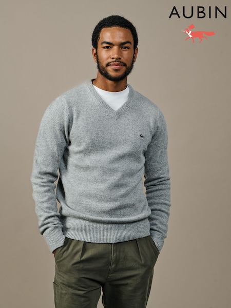 Grey - Regular Aubin Grey Bransbury Lambswool V-neck Jumper