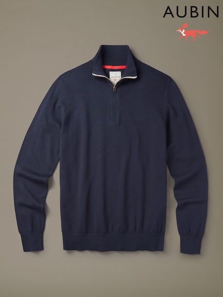 Blue - Regular Aubin Blue Daw Cotton Zip Neck Jumper