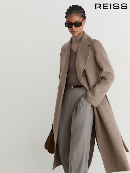 Neutral Melange - Reiss Thea Wool-blend Double-breasted Blind-seam Coat With Cashmere