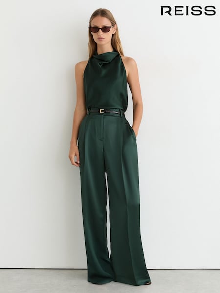 Teal Green - Reiss Zadie Satin Wide-leg Pleated Trousers