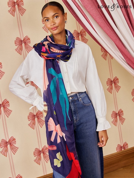 Navy Bow Print - Love & Roses Lightweight Scarf