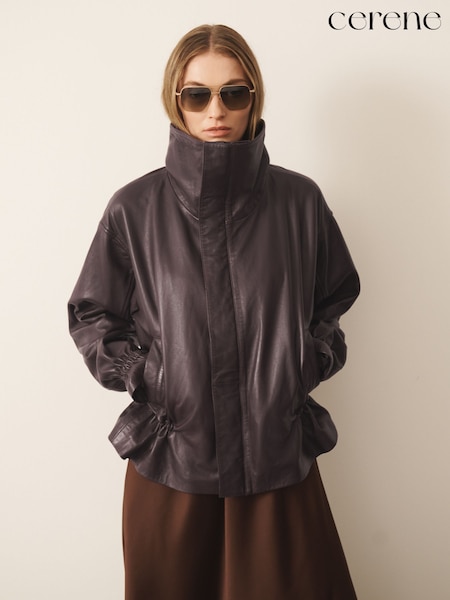 Chocolate Brown - Cerene Real Leather Funnel Neck Jacket