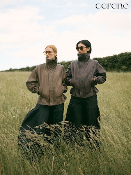 Khaki Green - Cerene Real Leather Funnel Neck Jacket