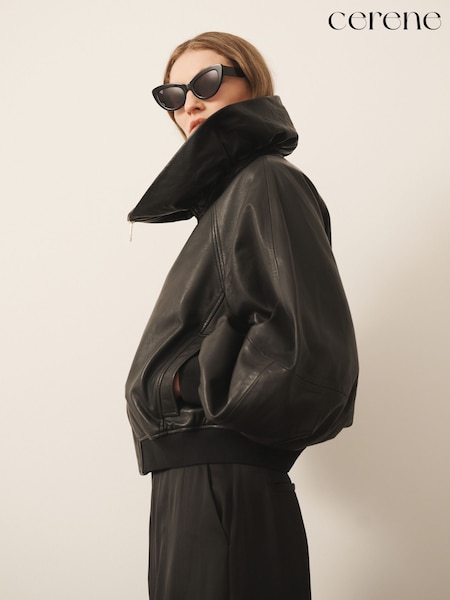 Black - Cerene Real Leather Frill Collar Blouson Sleeve Jacket