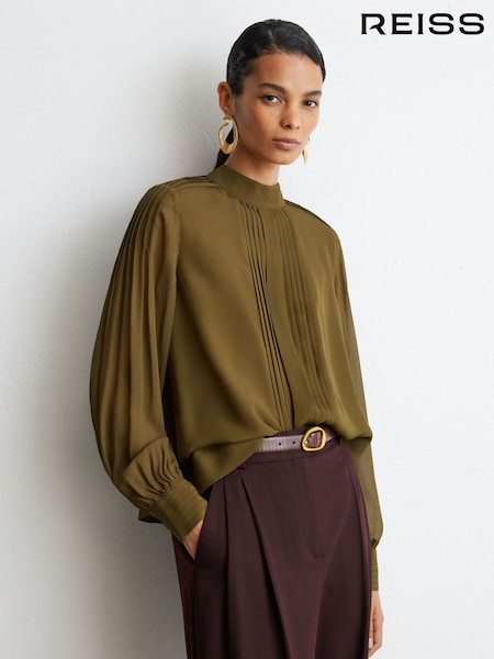 Khaki Green - Reiss Ottilie Pintuck-detail Tie-back Blouse