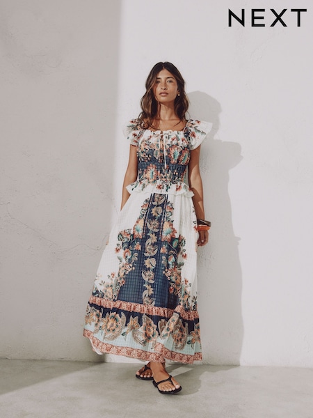 Navy/Peach Floral - Flutter Sleeve Square Neck Dress