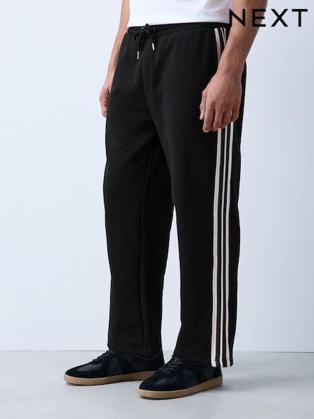 أسود - Regular Straight Fit Side Stripe Joggers