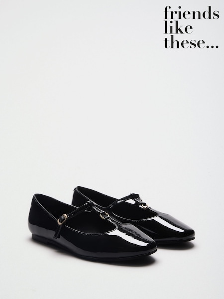 שחור - Friends Like These Faux Leather Patent T-bar Flat Ballerina Shoes